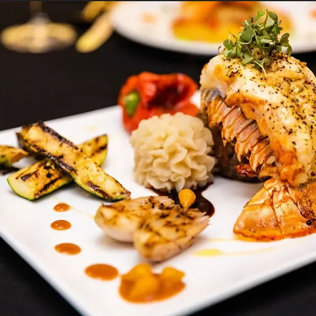 Chef Tony’s plated tasting course with grilled lobster